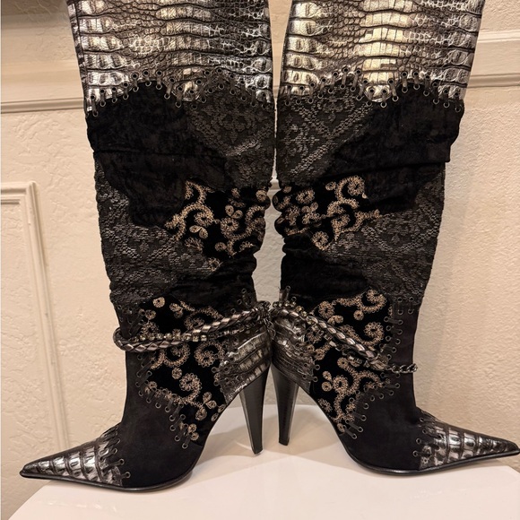 El Dante’s Handmade Leather Tall Boots, Mixed Media, Patchwork, Bohemian, Moto - Picture 2 of 13